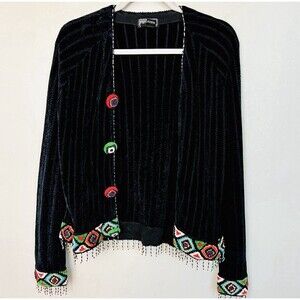 Vtg Berek by Takako Sakon Black Chenille Beaded Fringe Wearable Art Sweater Med